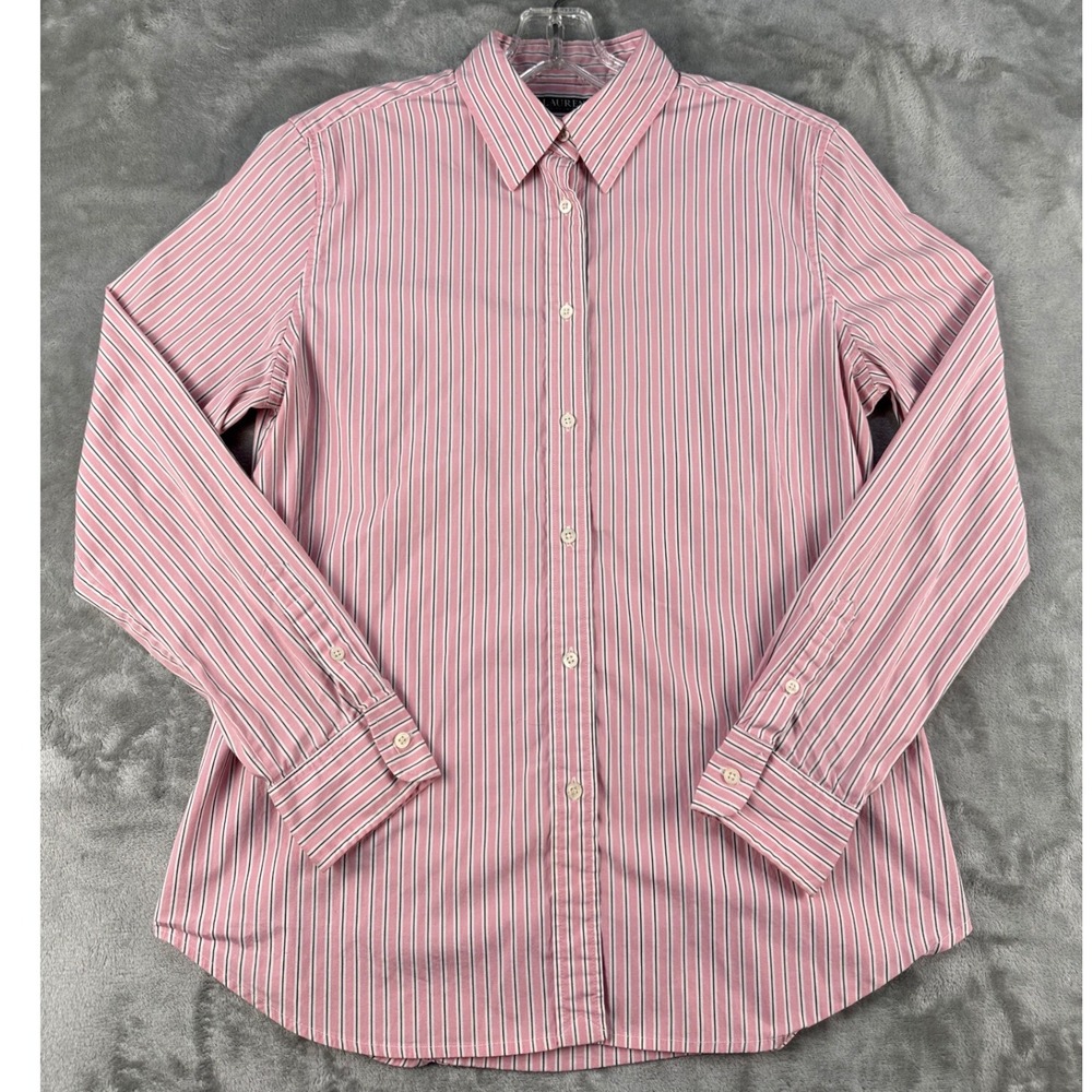 Lauren Ralph Lauren Button-Down Women M Striped Pink Stretch EUC